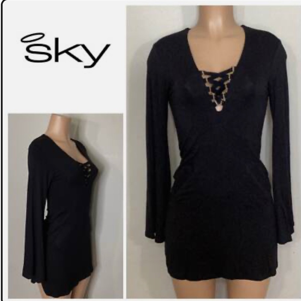Sky Black Dress with leather lace-up neckline! Very sexy! Sz S. Pockets, too!
